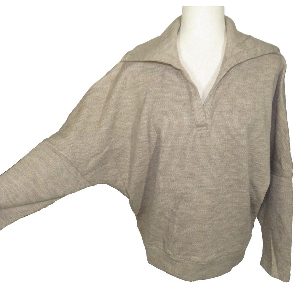 OGL Cozy Wool Blend Collared V Neck Batwing Sleeve Sweater Heather Taupe LARGE